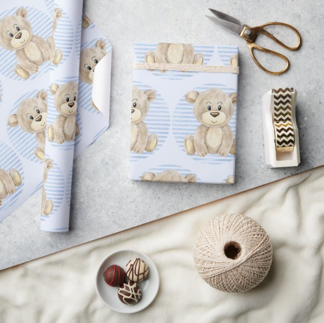 Papel De Presente Teddy Bear Blue Patterna Watercolor Chá (Artesanato)