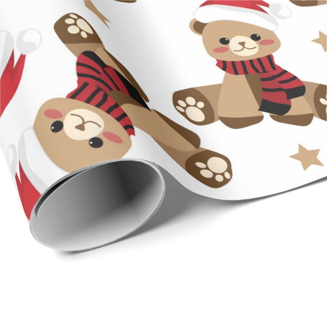 Papel De Presente Teddy Bear com Natal Hat Patteray (Ponta do rolo)