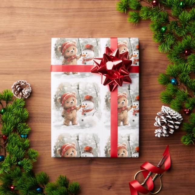 Papel De Presente Teddy Bear e Snowman (Presente de Natal)