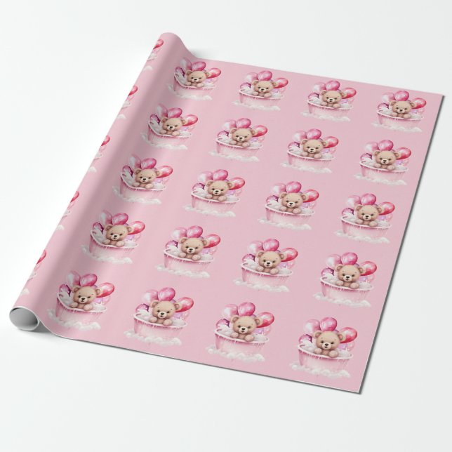 Papel De Presente Teddy Bear Pink Tub e Chá de fraldas de Garota Bal (Desenrolado)