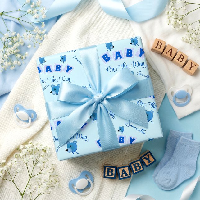 Papel De Presente Teddy Bear With Blue Text Baby Shower (It's cute, it's fun and not traditional. Mom's name & one word message for you to customize)