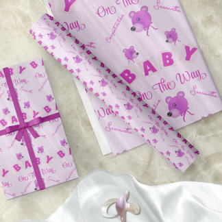 Papel De Presente Teddy Bear With Pink Purple Text Baby Shower