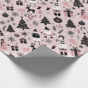 Papel De Presente Tema de Natal rosa e preto