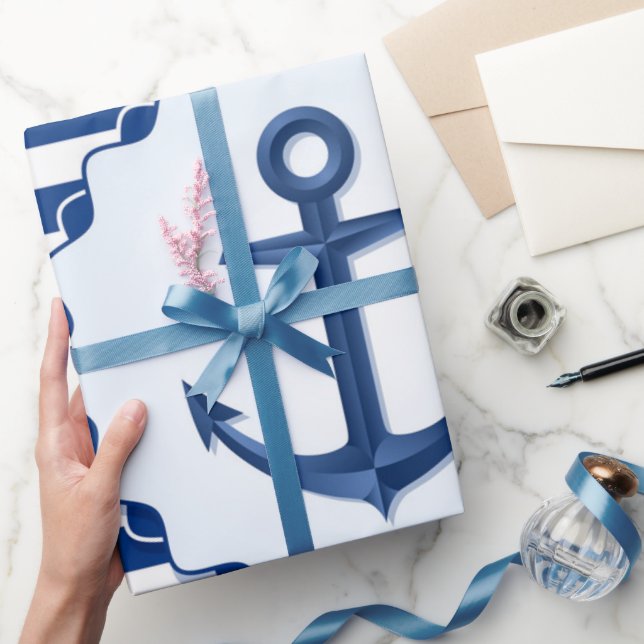 Papel De Presente Tema Marinho Blue e White Strike com Âncora (Presentear)