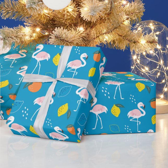 Papel De Presente Tema tropical Frutas Flamingo em fundo azul (Feriados)