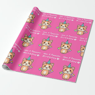 Papel De Presente Tenha um Aniversário Pawesome - Gato Tabby Gengibr