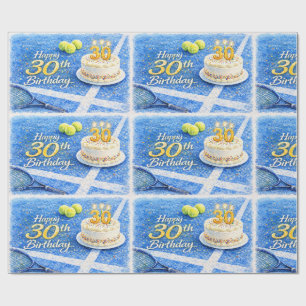 Papel De Presente Tenis Aniversário de 30 anos com bolo e bola na qu