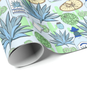 Papel De Presente Tequila Bebe Azul Agave Cactus Padrão