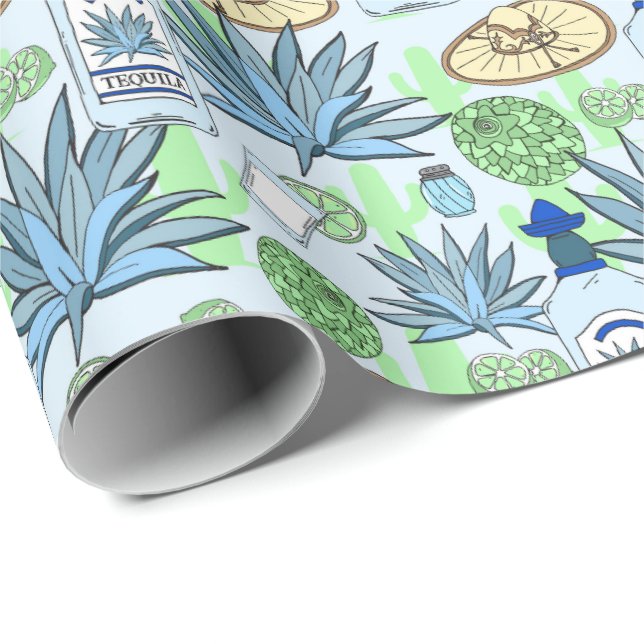 Papel De Presente Tequila Drink Blue Agave Cactus Patterado (Ponta do rolo)