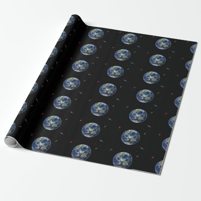 Papel De Presente Terra de Gato Espacial (Desenrolado)