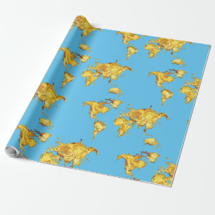 Papel De Presente Terra Dourada Continentes Design Mar Azul