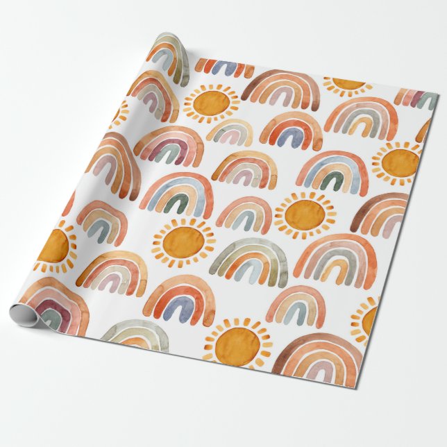 Papel De Presente Terra Moderna Boho Rainbow e Sun (Desenrolado)