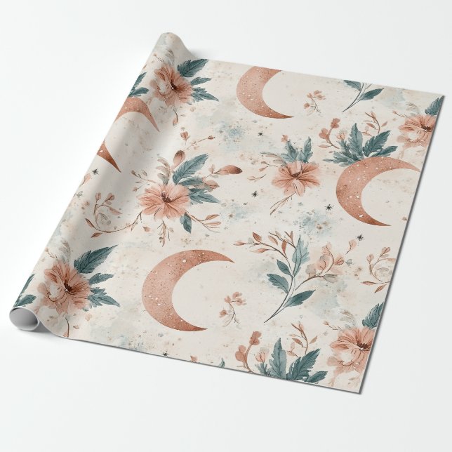 Papel De Presente Terracota Creme Floral Celestial Lua Crescente (Desenrolado)