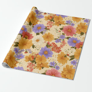 Papel De Presente Terracota Mostarda Flor Silvestre Azul