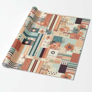 Papel De Presente Terracota Verde Geométrico Floral Meados do Século