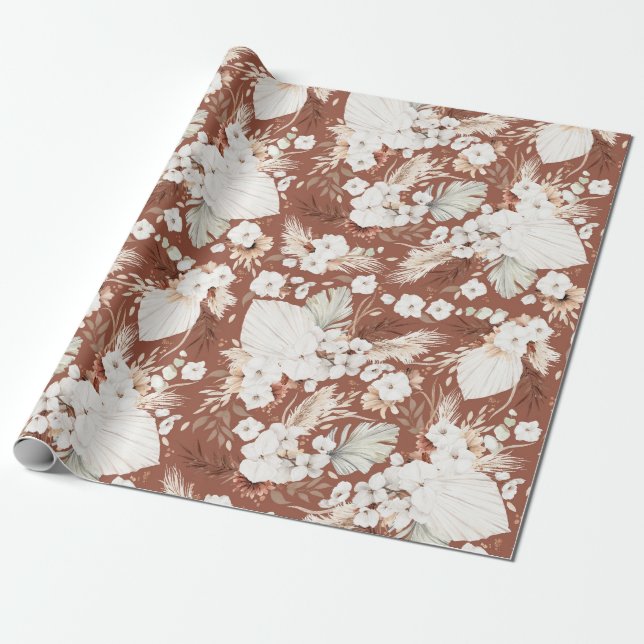 Papel De Presente Terracotta e Flores Brancas Boho Elegante Botânica (Desenrolado)