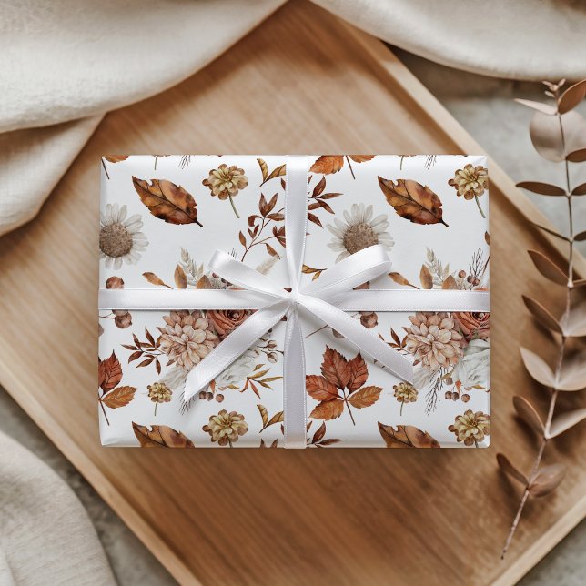 Papel De Presente Terracotta Ferrugem Boho Floral Folhagem de Outono (Criador carregado)