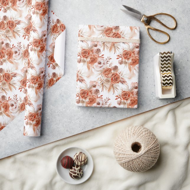 Papel De Presente Terracotta Flowers e Boho Watercolor Rosas (Artesanato)