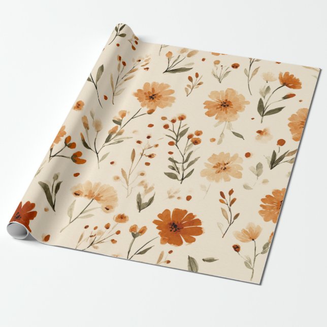 Papel De Presente Terracotta Laranja Flor Silvestre Feminina Boho (Desenrolado)