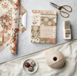Papel De Presente Terracotta Peach Colcha Earthy Xadrez Cottagecore