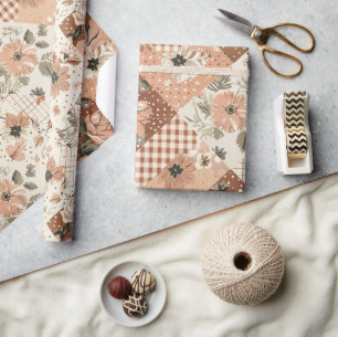 Papel De Presente Terracotta Peach Colcha Earthy Xadrez Cottagecore