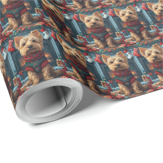 Papel De Presente Terrier Australiano com Presentes de Natal na Lare (Ponta do rolo)