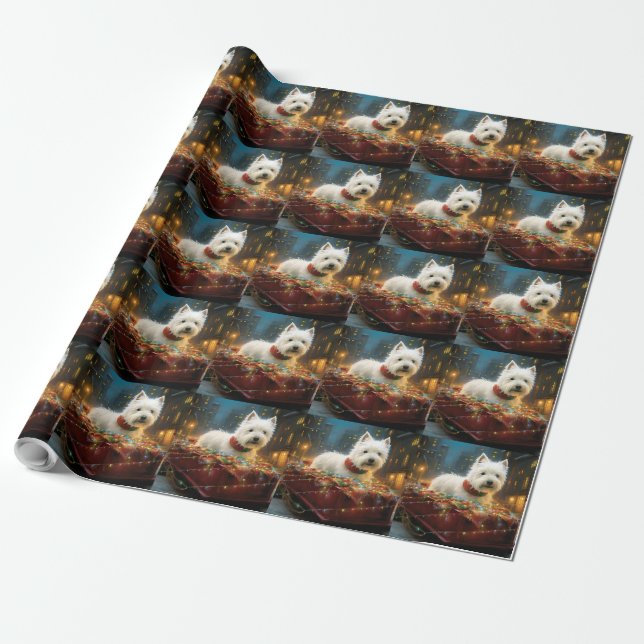 Papel De Presente Terrier Branco do West Highland Natal Festivo (Desenrolado)