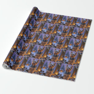 Papel De Presente Terrier de Yorkshire com Luzes de Natal Feriado