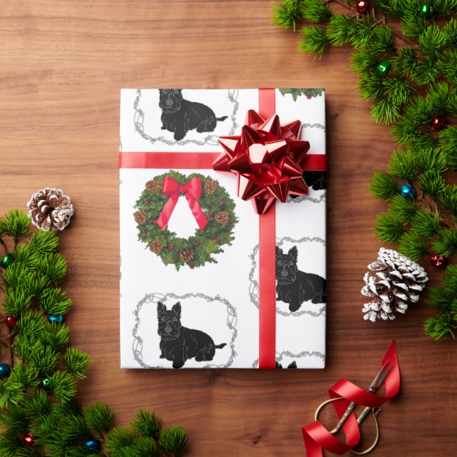 Papel De Presente Terrier Escocês com Coroa de Natal (Presente de Natal)