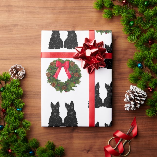 Papel De Presente Terriers Escoceses com Coroa de Natal (Presente de Natal)