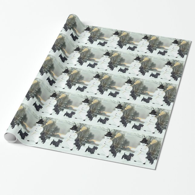 Papel De Presente Terriers Escoceses e Boneco de Neve (Desenrolado)
