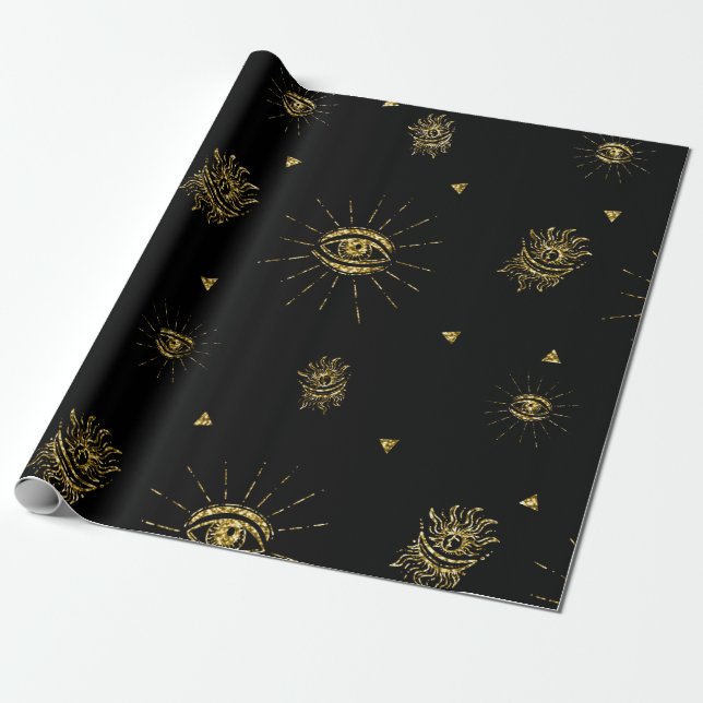 Papel De Presente Terrível Olho Preto Dourado Celestial Doce ou Trav (Desenrolado)