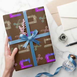 Papel De Presente Tesoura da Máquina de Costura de Castanho Elegante