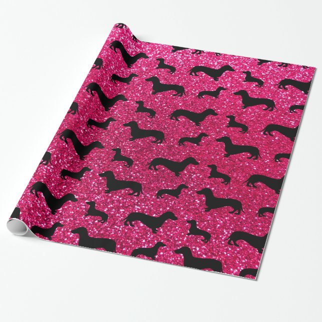 Papel De Presente Teste padrão bonito do brilho do dachshund do rosa (Desenrolado)