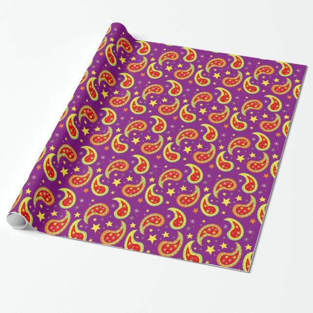 Papel De Presente Teste padrão de estrela amarelo vermelho roxo de (Desenrolado)