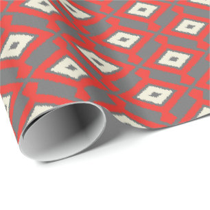 Papel De Presente Teste padrão de Ikat - vermelho, cinza e bege