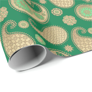 Papel De Presente Teste padrão de Paisley, ouro macio no verde