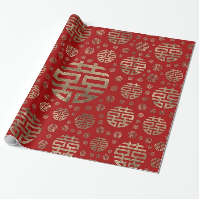 Papel De Presente Teste padrão dobro do símbolo da felicidade - ouro (Desenrolado)