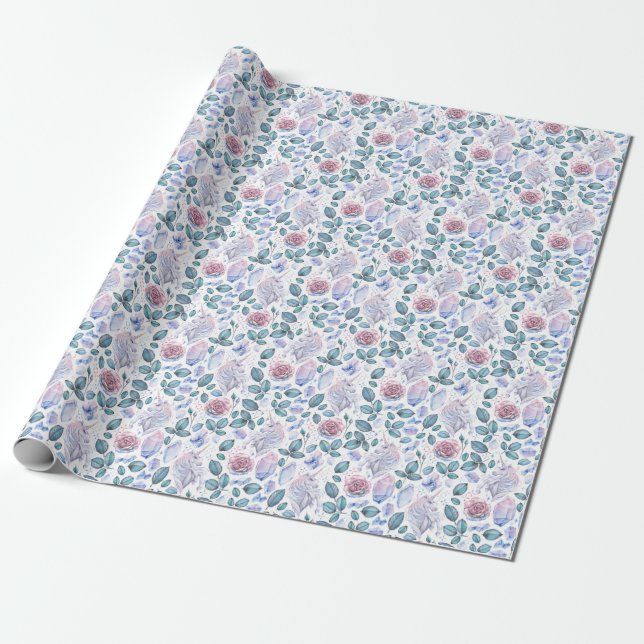 Papel De Presente Teste padrão dos cristais & dos rosas do unicórnio (Desenrolado)