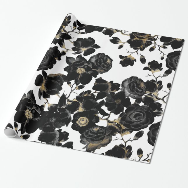 Papel De Presente Teste padrão floral branco e Dourado preto (Desenrolado)