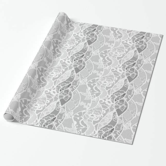 Papel De Presente Teste padrão francês floral cinzento branco do (Desenrolado)