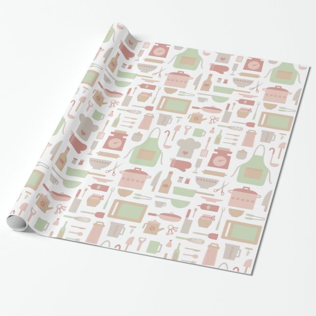 Papel De Presente Teste padrão na moda dos utensílios de cozinhar da (Desenrolado)