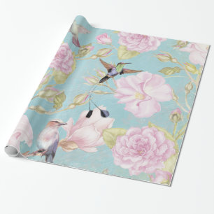 Papel De Presente Teste padrão Pastel chique do colibri dos rosas d