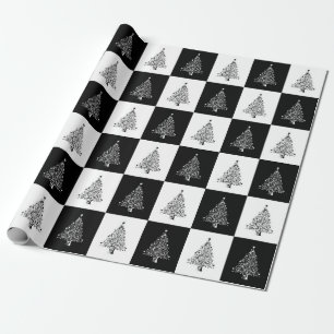 Papel De Presente Teste padrão preto da árvore do White Christmas