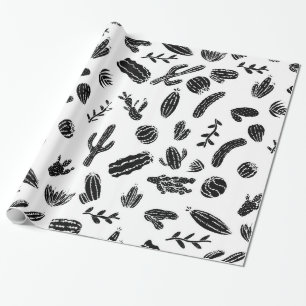 Papel De Presente Teste padrão preto e branco moderno do cacto do