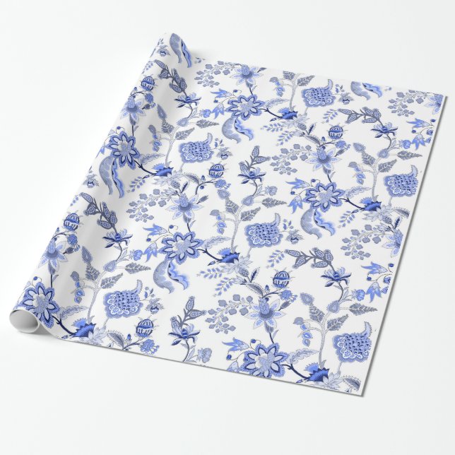 Papel De Presente Teste padrão tradicional azul e branco de chintz (Desenrolado)