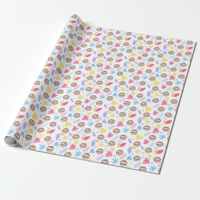 Papel De Presente Teste padrão tropical da preguiça & das folhas (Desenrolado)