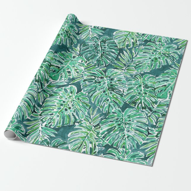Papel De Presente Teste padrão tropical de Monstera do verde das (Desenrolado)