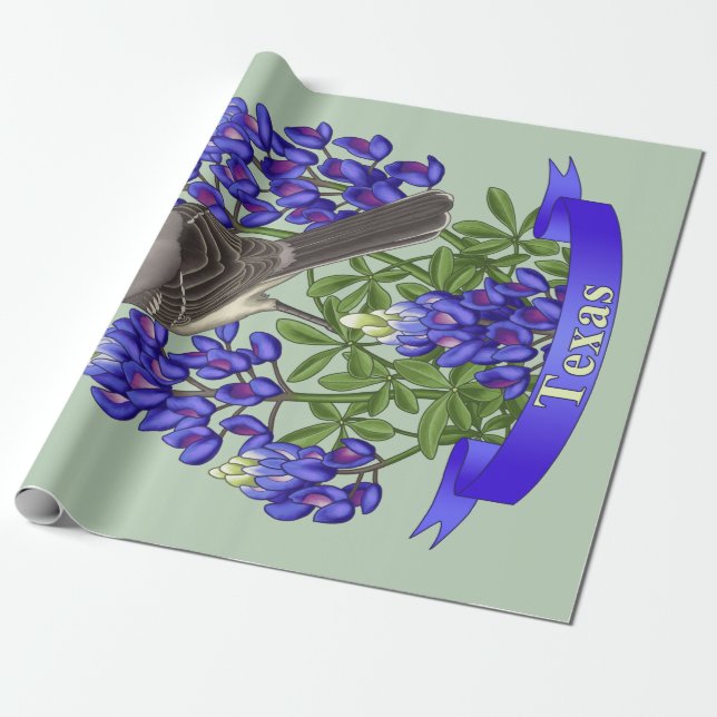 Papel De Presente Texas State Mockingbird & Bluebonnet Flower (Desenrolado)