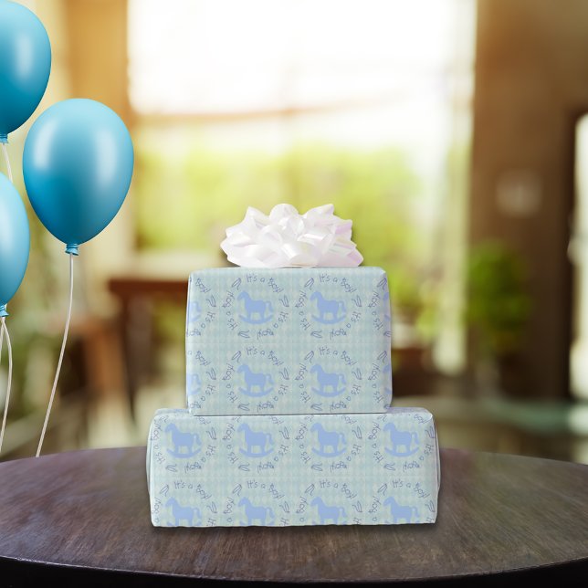 Papel De Presente Texto Circular Azul do Cavalo Rocking (Criador carregado)